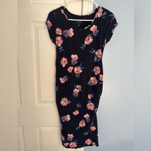 Dark Blue Floral Fitted maternity dress (size small)